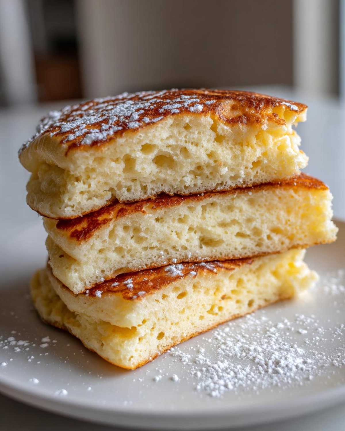 Close-up of a stack of three fluffy greek yogurt pancakes cut in half, showing airy texture and dusted with powdered sugar.