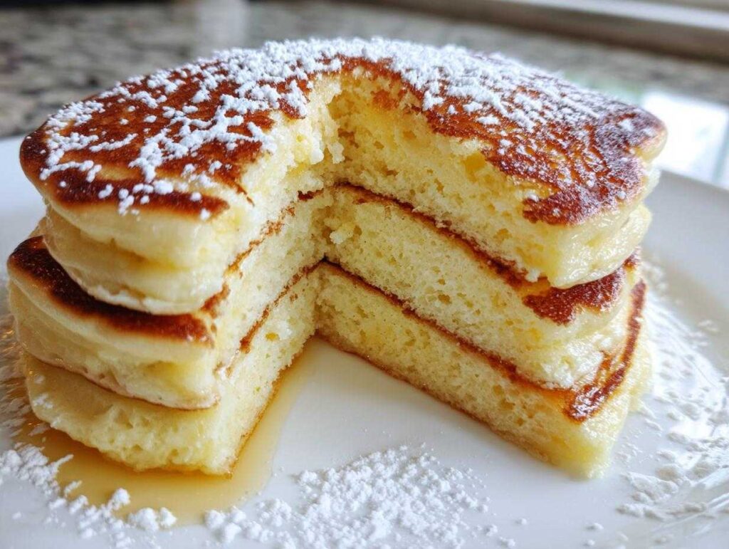 Close-up of a thick stack of fluffy greek yogurt pancakes, cut to show the airy interior, topped with powdered sugar.
