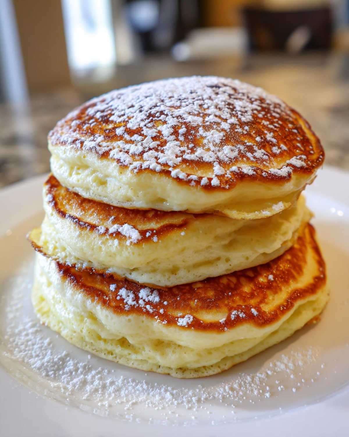 A tall stack of three fluffy greek yogurt pancakes dusted generously with white powdered sugar.