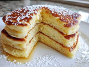 Close-up of a thick stack of fluffy greek yogurt pancakes, cut to show the airy interior, topped with powdered sugar.