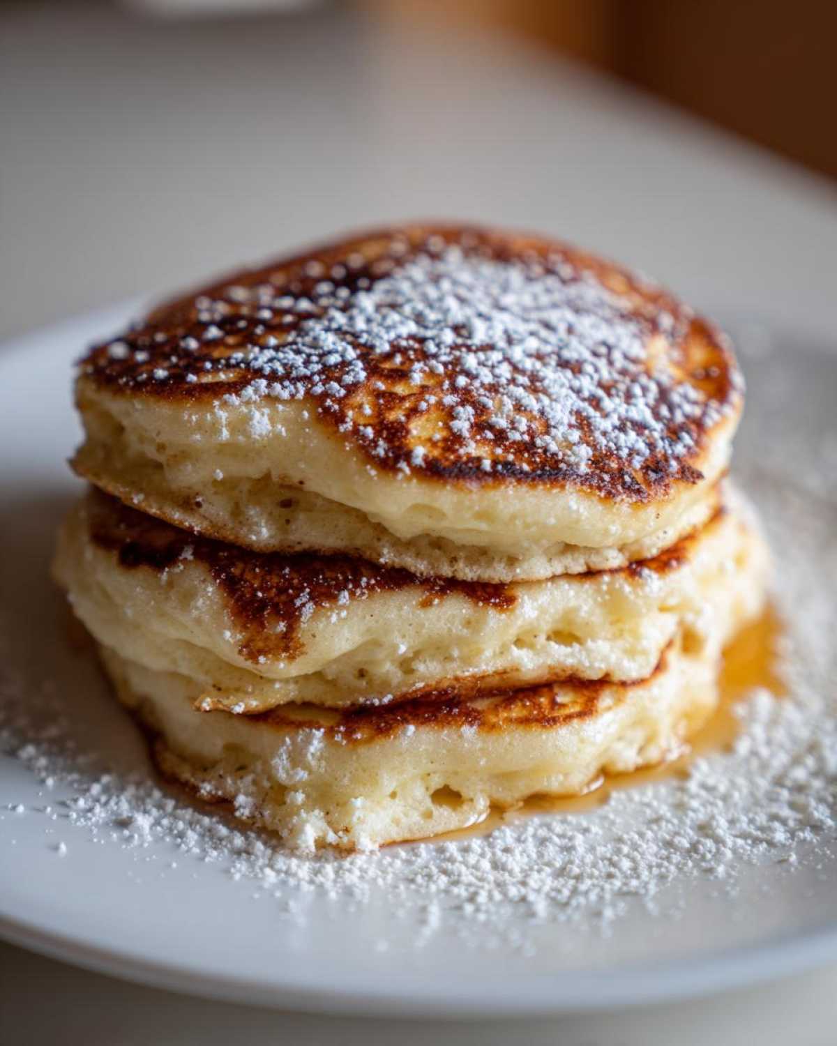 A close-up of a stack of three fluffy greek yogurt pancakes dusted heavily with powdered sugar.