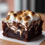 A close-up of a rich, dark hot chocolate brownie topped with toasted marshmallows and chocolate swirls.