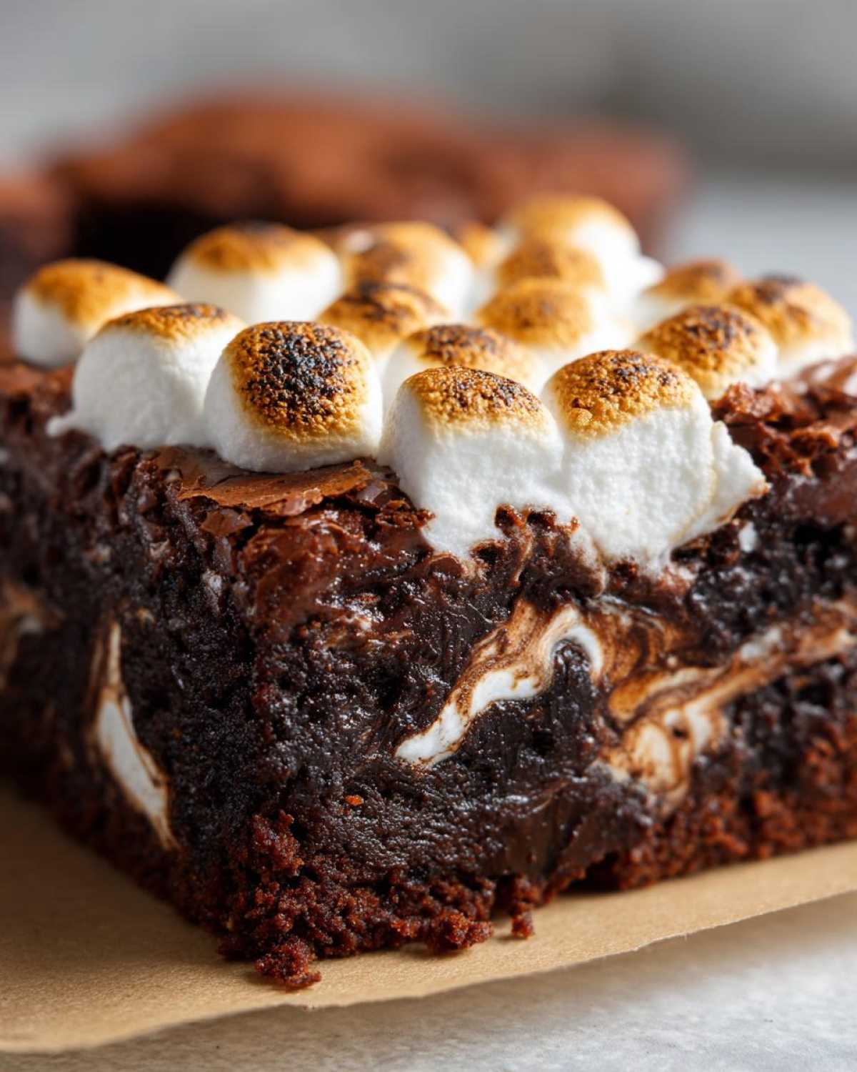 A close-up of a rich, fudgy hot chocolate brownie topped with perfectly toasted marshmallows.