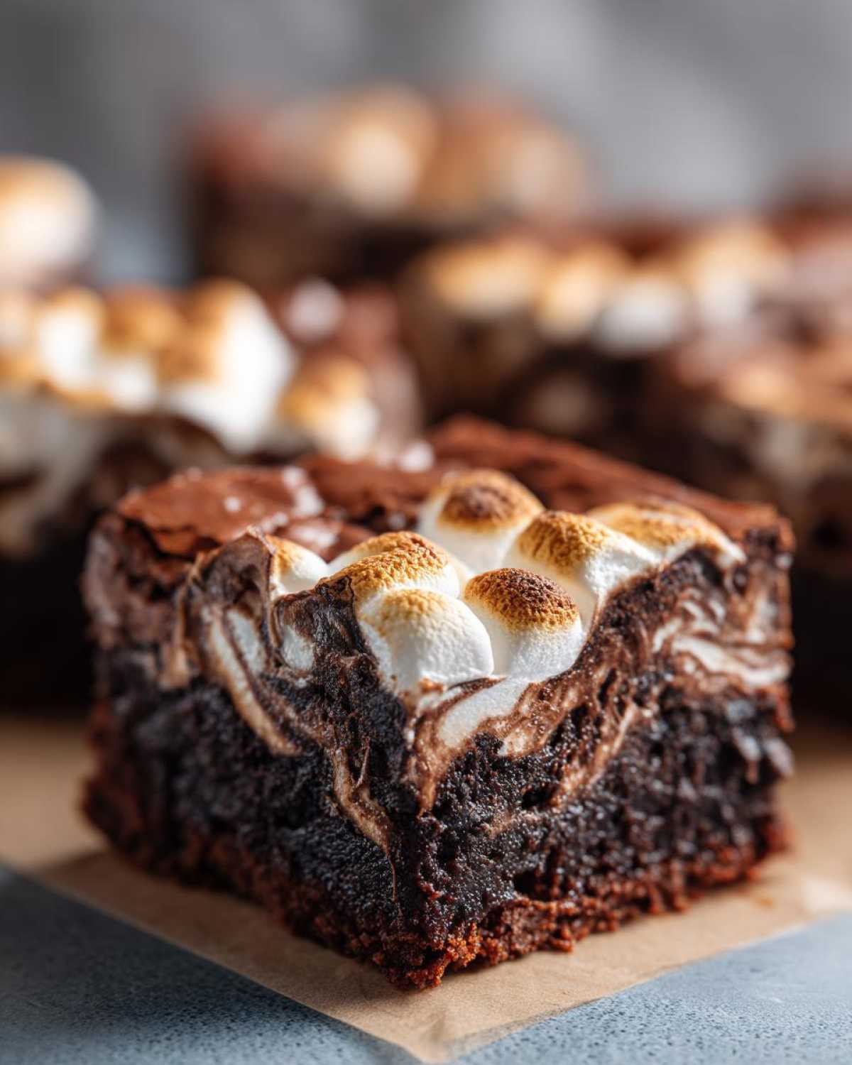 A close-up of a rich, dark hot chocolate brownies square topped with toasted marshmallows.