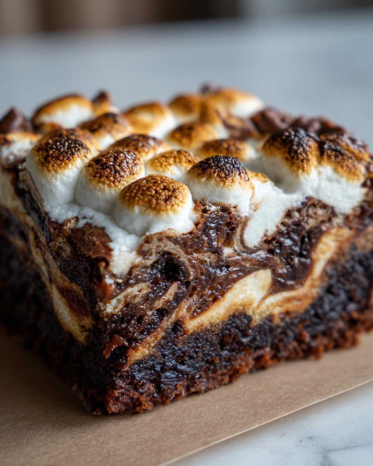 Close-up of a rich, fudgy hot chocolate brownie topped with perfectly toasted marshmallows.