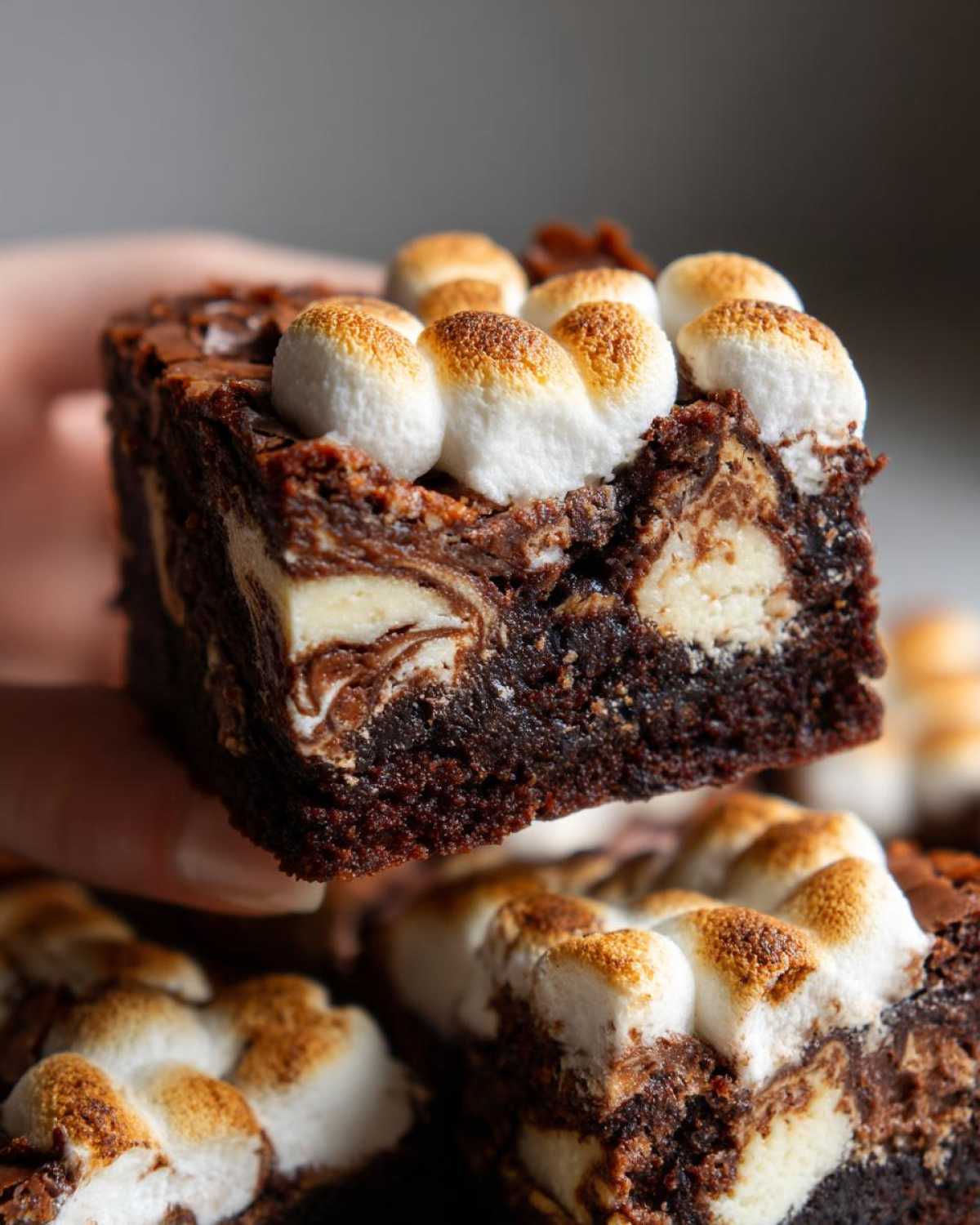A hand holding up a fudgy hot chocolate brownie topped with toasted marshmallows and white chocolate swirls.