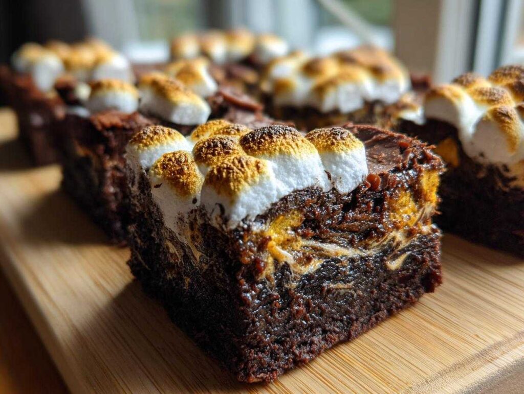 A close-up of a rich, fudgy hot chocolate brownie topped with toasted marshmallows, sitting on a wooden board.