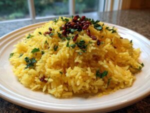 A mound of bright yellow mediterranean rice garnished with fresh parsley and toasted pine nuts on a white plate.