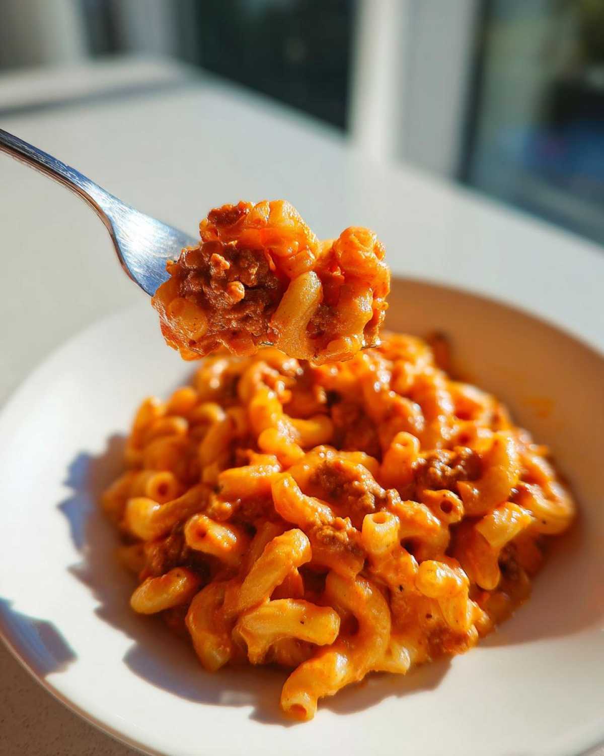 A fork lifts a bite of creamy, cheesy taco pasta mixed with ground meat above a white bowl of the dish.