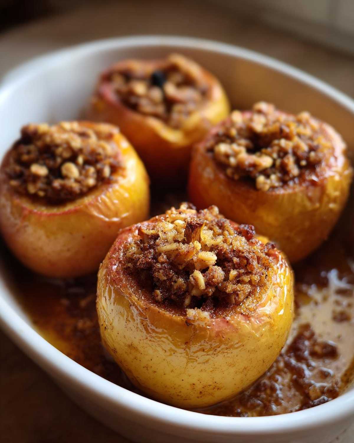 Four golden baked apples filled with a crunchy brown sugar and nut topping, resting in a sweet syrup.