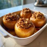Four glistening baked apples with a generous oat crumble topping sitting in a white baking dish.