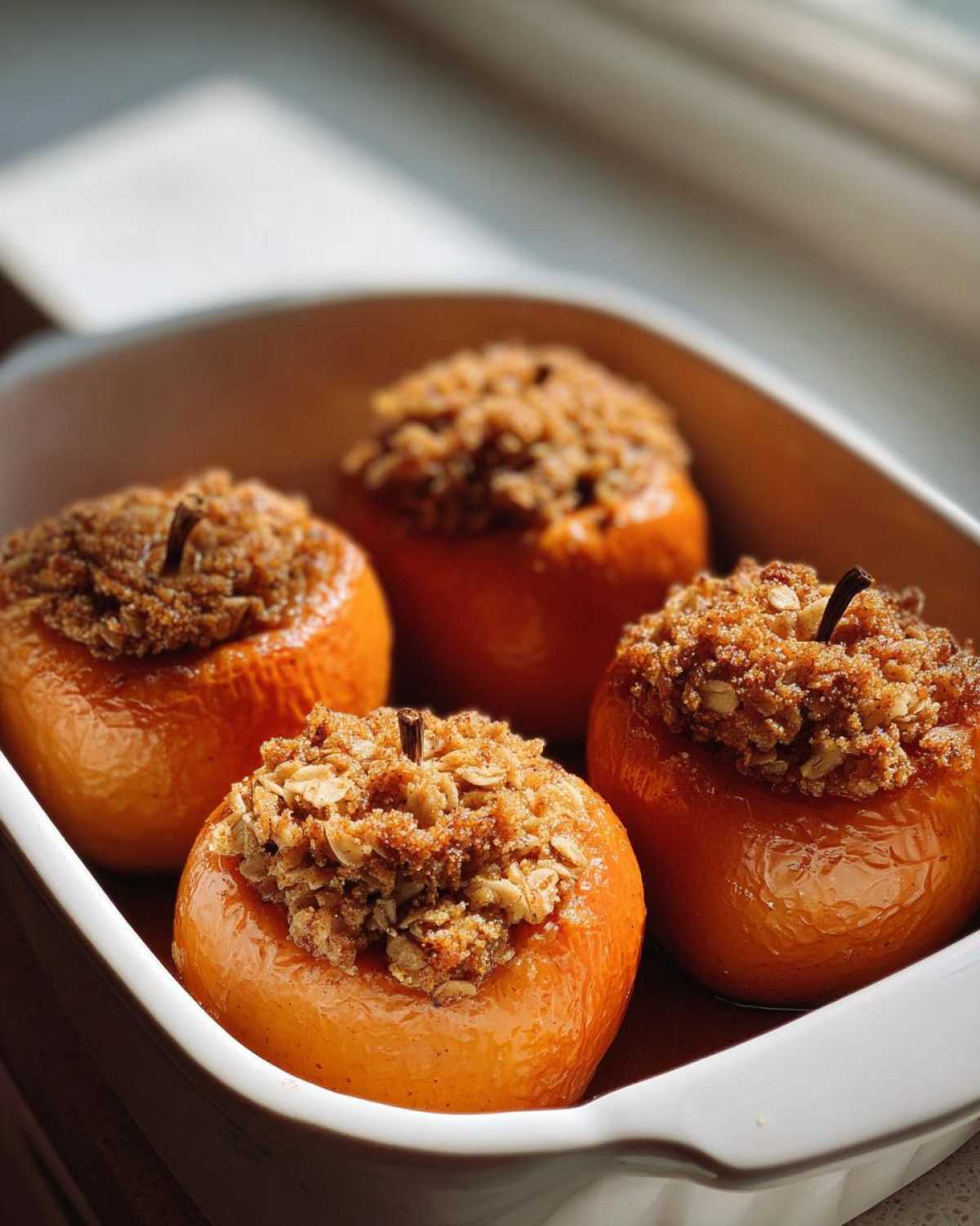 Four glistening baked apples topped with a brown sugar and oat crumble filling in a white baking dish.