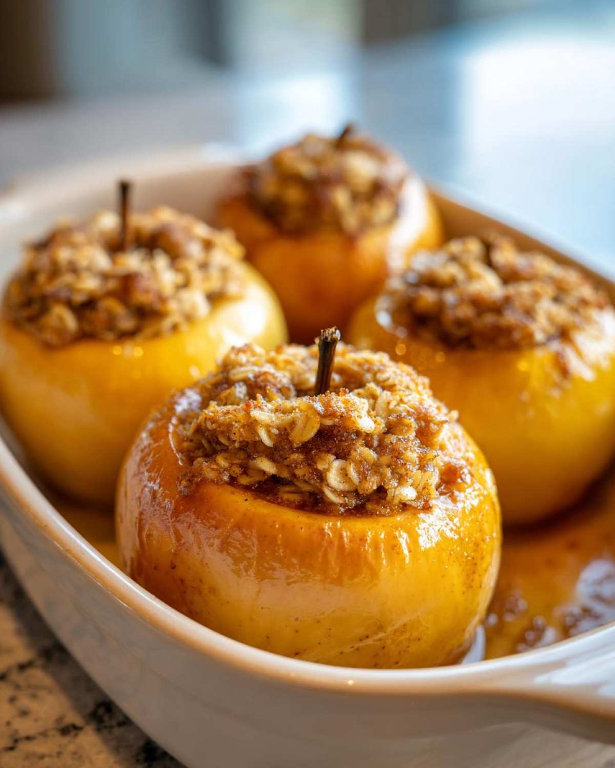 Four golden baked apples filled with a spiced oat crumble topping, resting in a white baking dish.