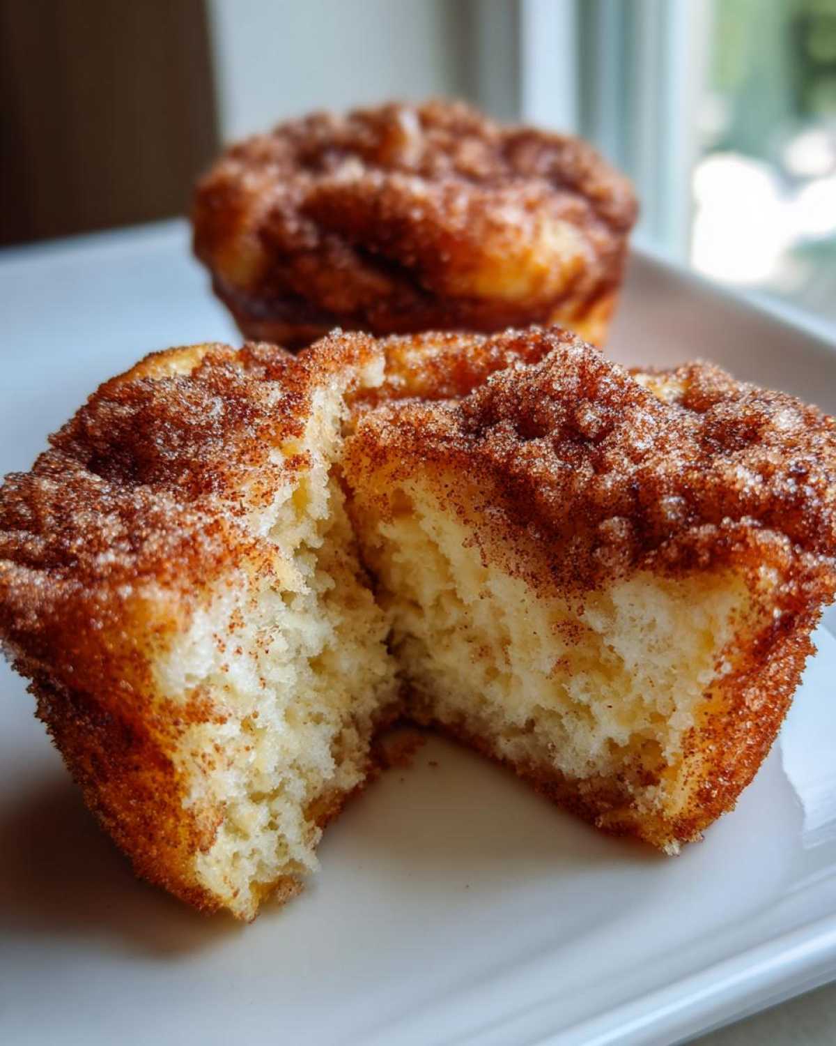 Close-up of a french toast muffin split open showing a soft interior and a thick cinnamon sugar topping.
