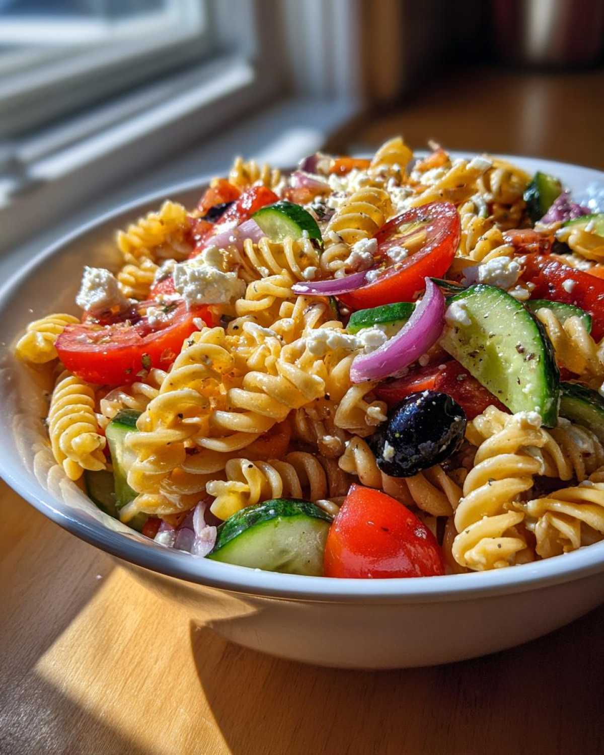 Close-up of a white bowl filled with vibrant greek pasta salad featuring rotini, tomatoes, cucumbers, olives, and feta.