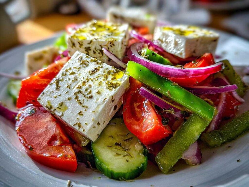 Close-up of a vibrant greek salad featuring large cubes of feta cheese drizzled with oil and herbs, mixed with tomatoes, cucumbers, and red onion.