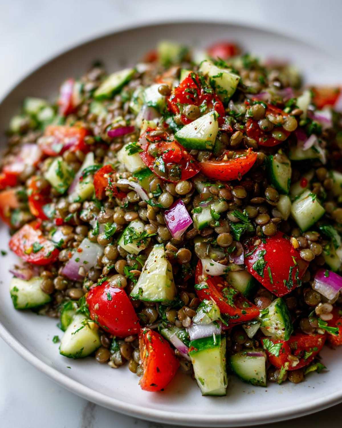 A close-up of a vibrant lentil salad featuring cooked lentils mixed with chopped cucumbers, red tomatoes, and red onion.