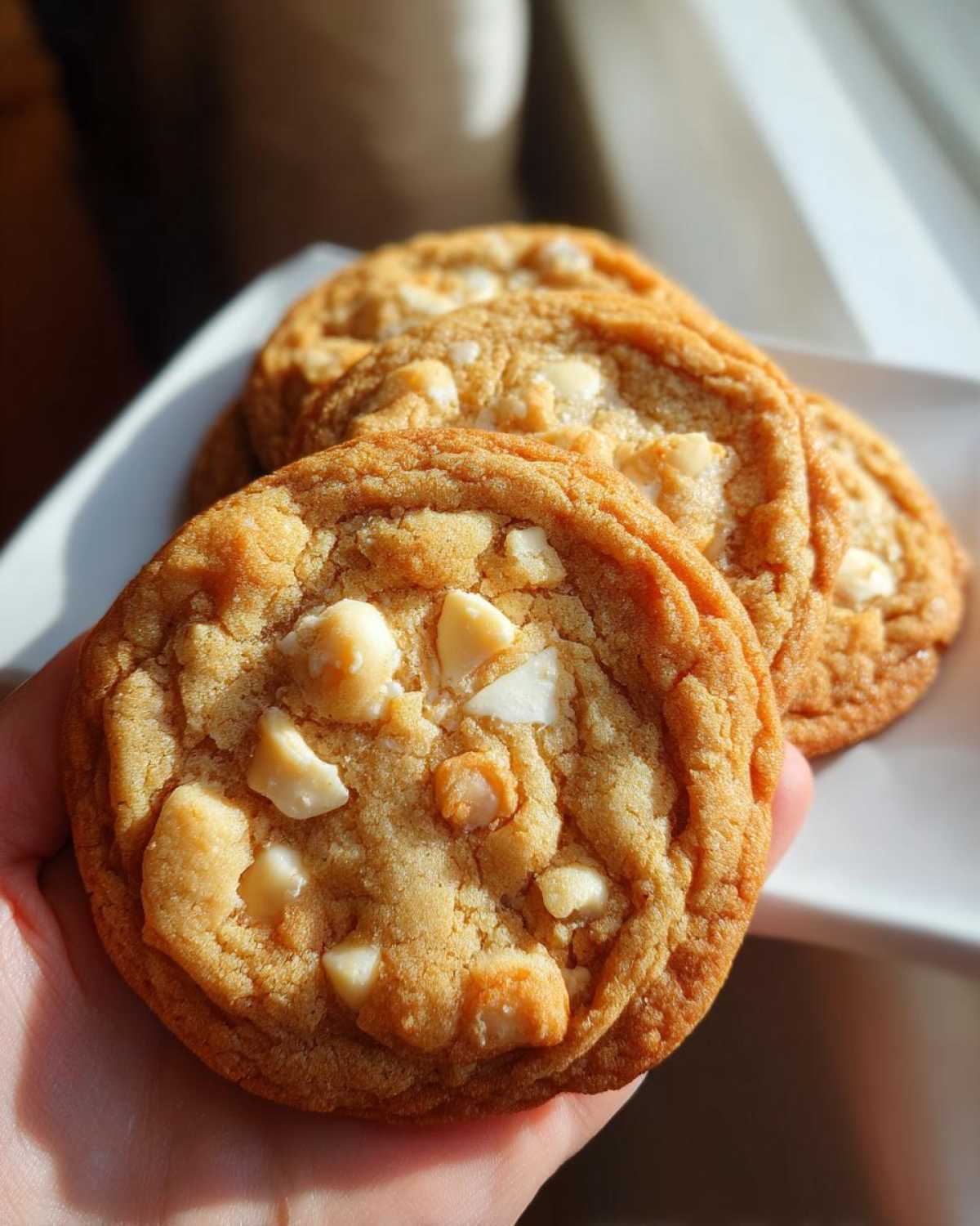 A hand holding a golden brown white chocolate macadamia nut cookies, with more cookies on a plate behind it.