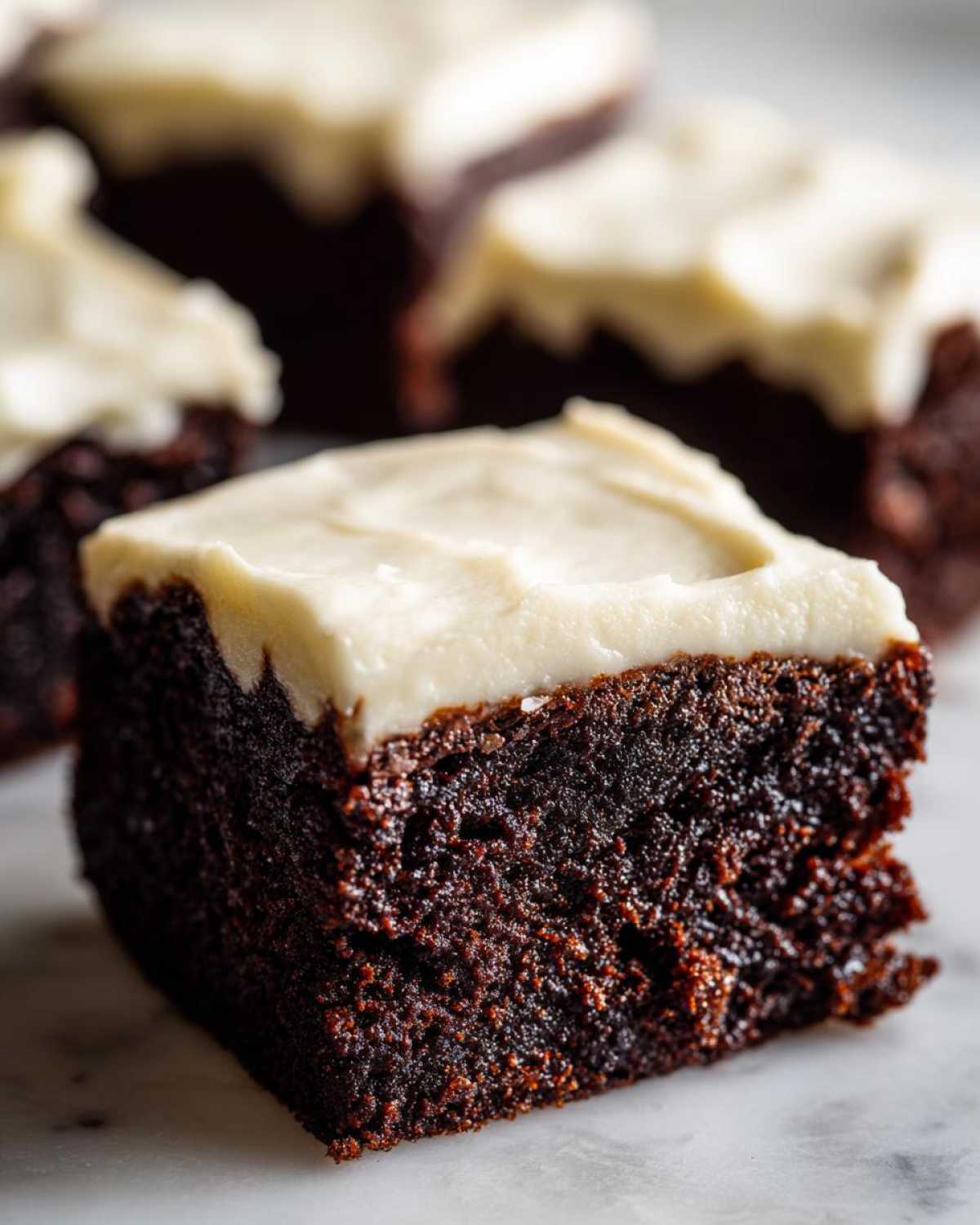 A moist, dark square of gingerbread brownies topped with thick, creamy white frosting.