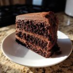 A tall, moist slice of chocolate cake layered with dark chocolate frosting, sitting on a white plate.