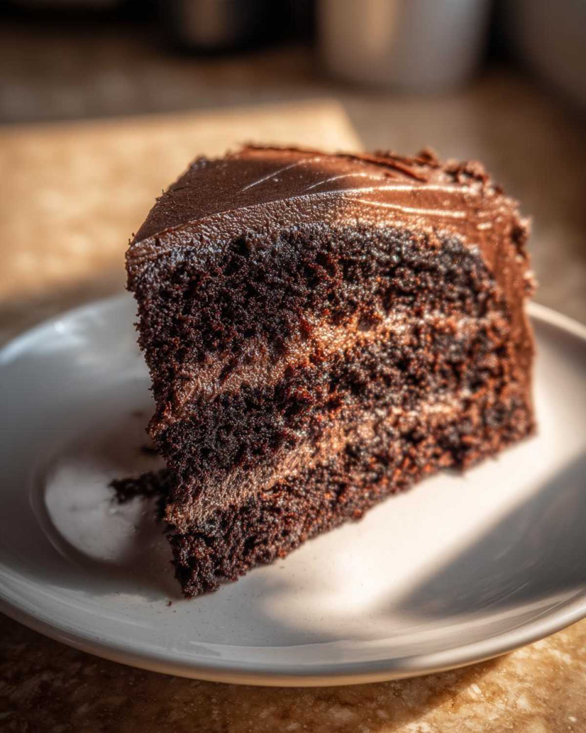 A close-up of a rich, dark slice of chocolate cake with fudgy frosting sitting on a white plate.