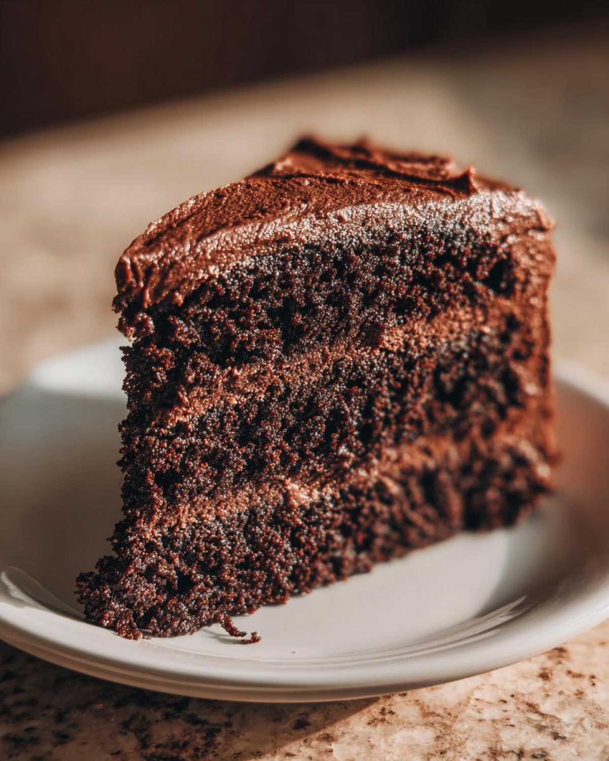Close-up of a moist, dark slice of chocolate cake with thick chocolate frosting on a white plate.