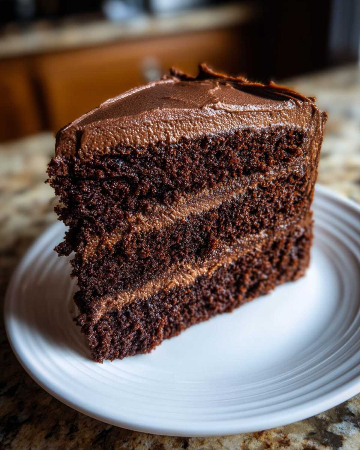 A close-up of a moist, three-layer slice of chocolate cake with thick chocolate frosting.