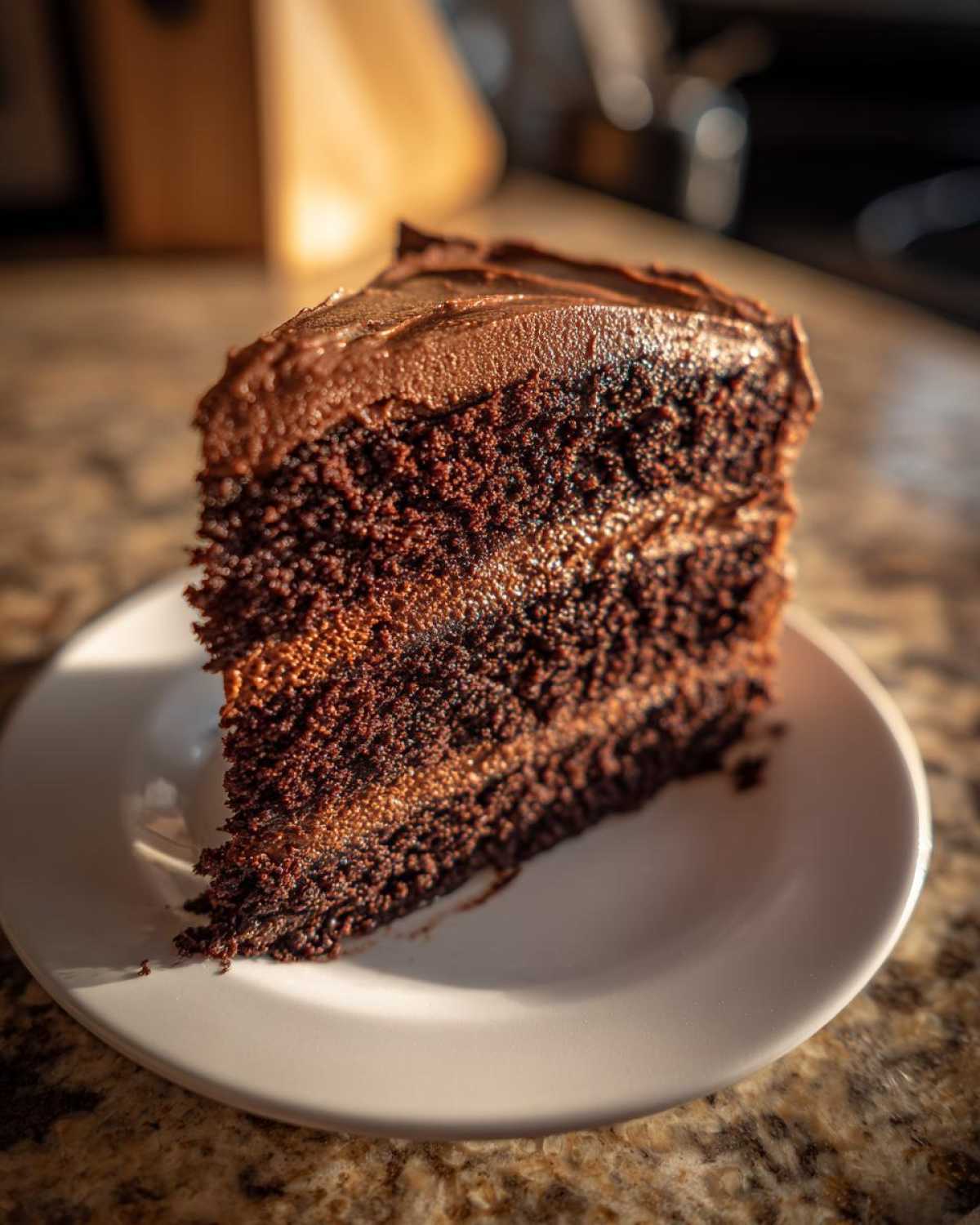 A rich, moist slice of two-layer chocolate cake with thick chocolate frosting, sitting on a white plate.