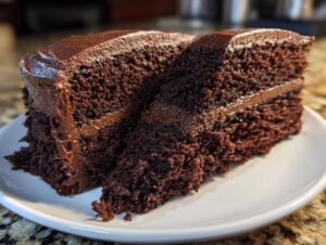 Close-up of two rich, dark slices of chocolate cake stacked slightly, covered in glossy chocolate frosting.