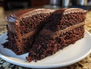 Close-up of two rich, dark slices of chocolate cake stacked slightly, covered in glossy chocolate frosting.