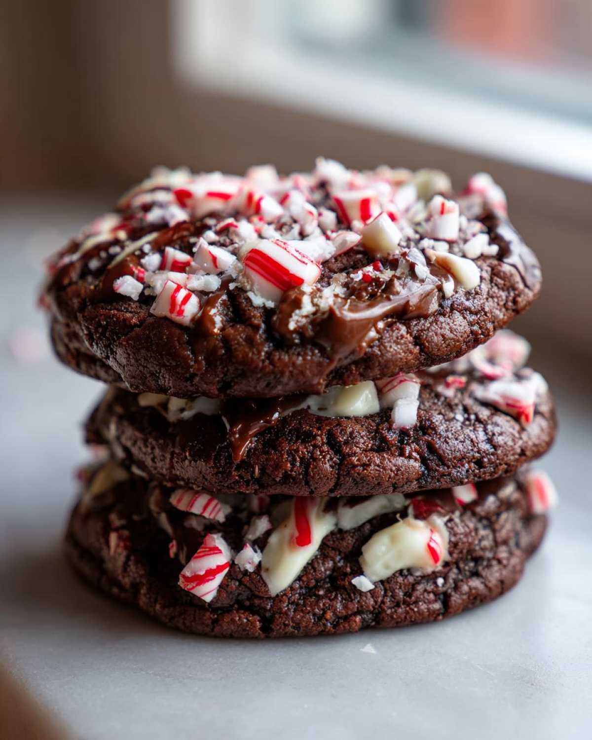 A stack of three fudgy chocolate peppermint cookies topped with melted chocolate and crushed candy canes.