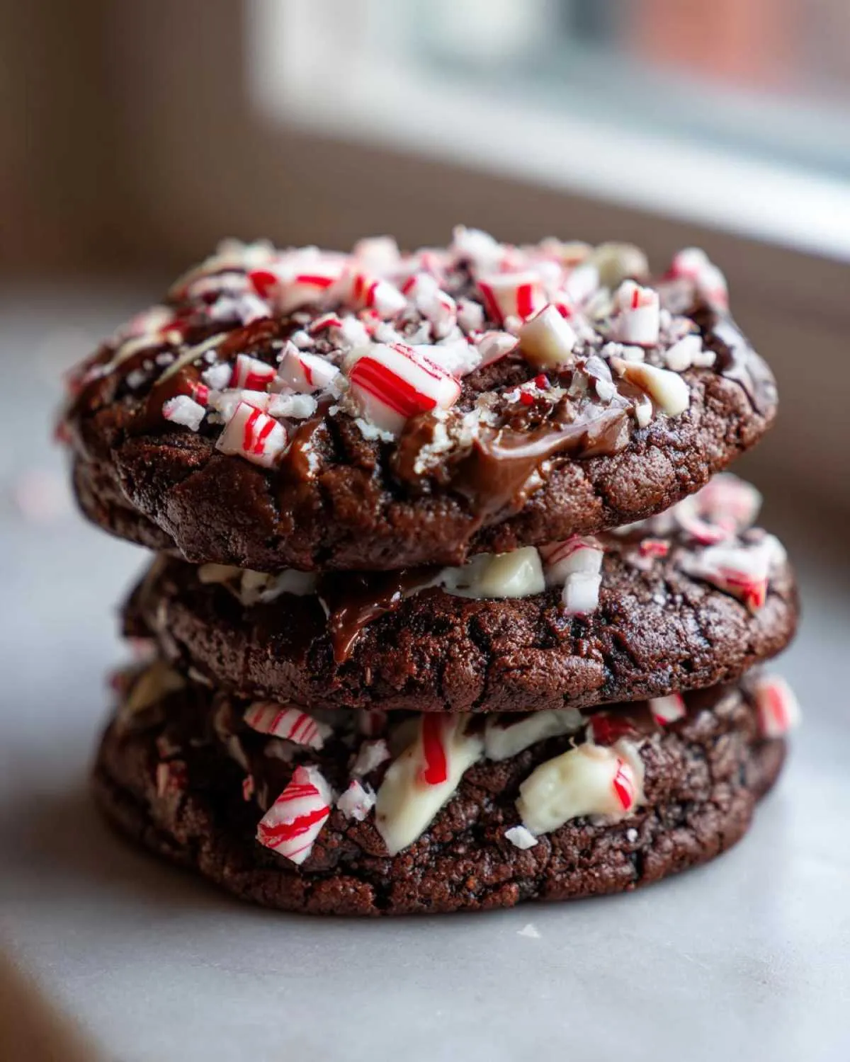 A stack of three fudgy chocolate peppermint cookies topped with melted chocolate and crushed candy canes.