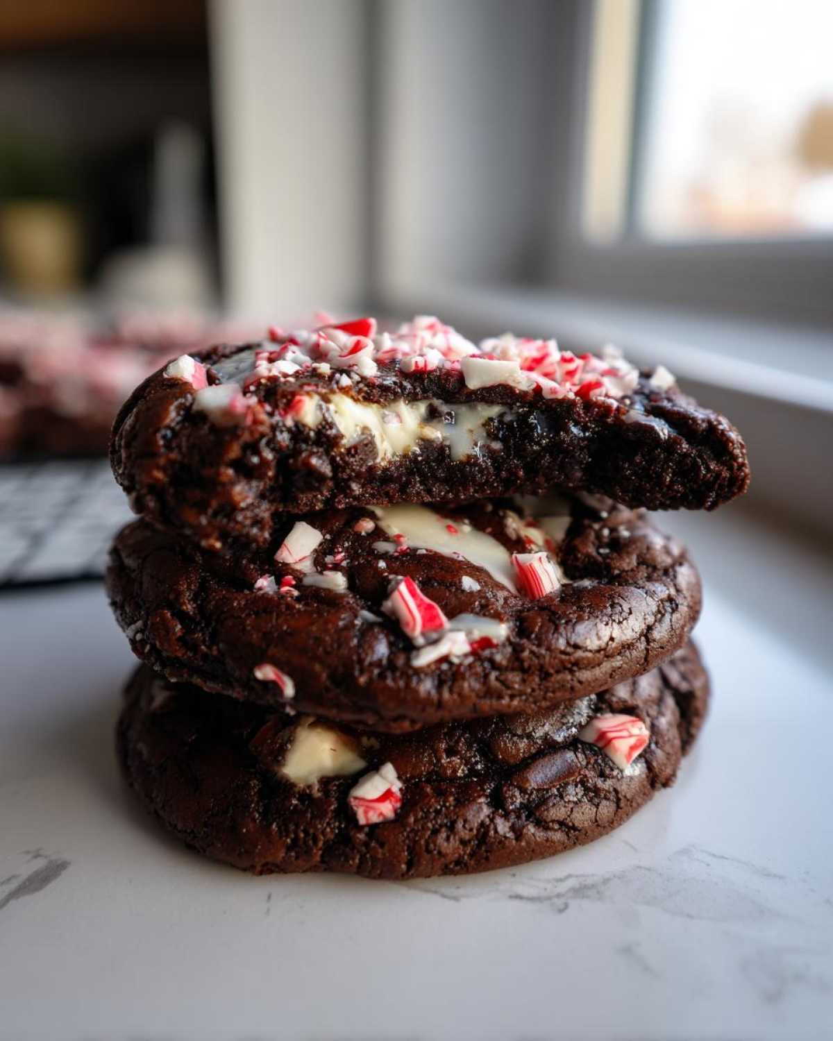 Stack of three fudgy chocolate peppermint cookies, one broken open showing melted white chocolate.