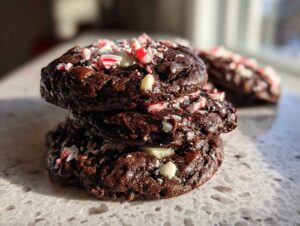 A stack of three fudgy chocolate peppermint cookies topped with white chocolate chips and crushed candy canes.