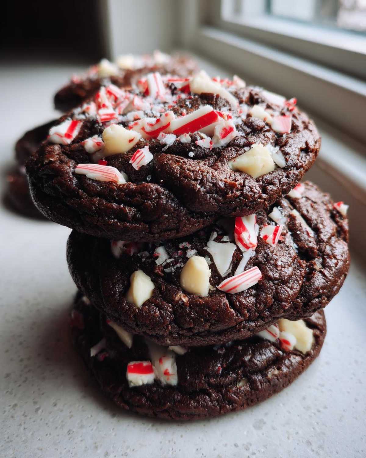 A stack of three fudgy chocolate peppermint cookies topped with white chocolate chips and crushed candy canes.