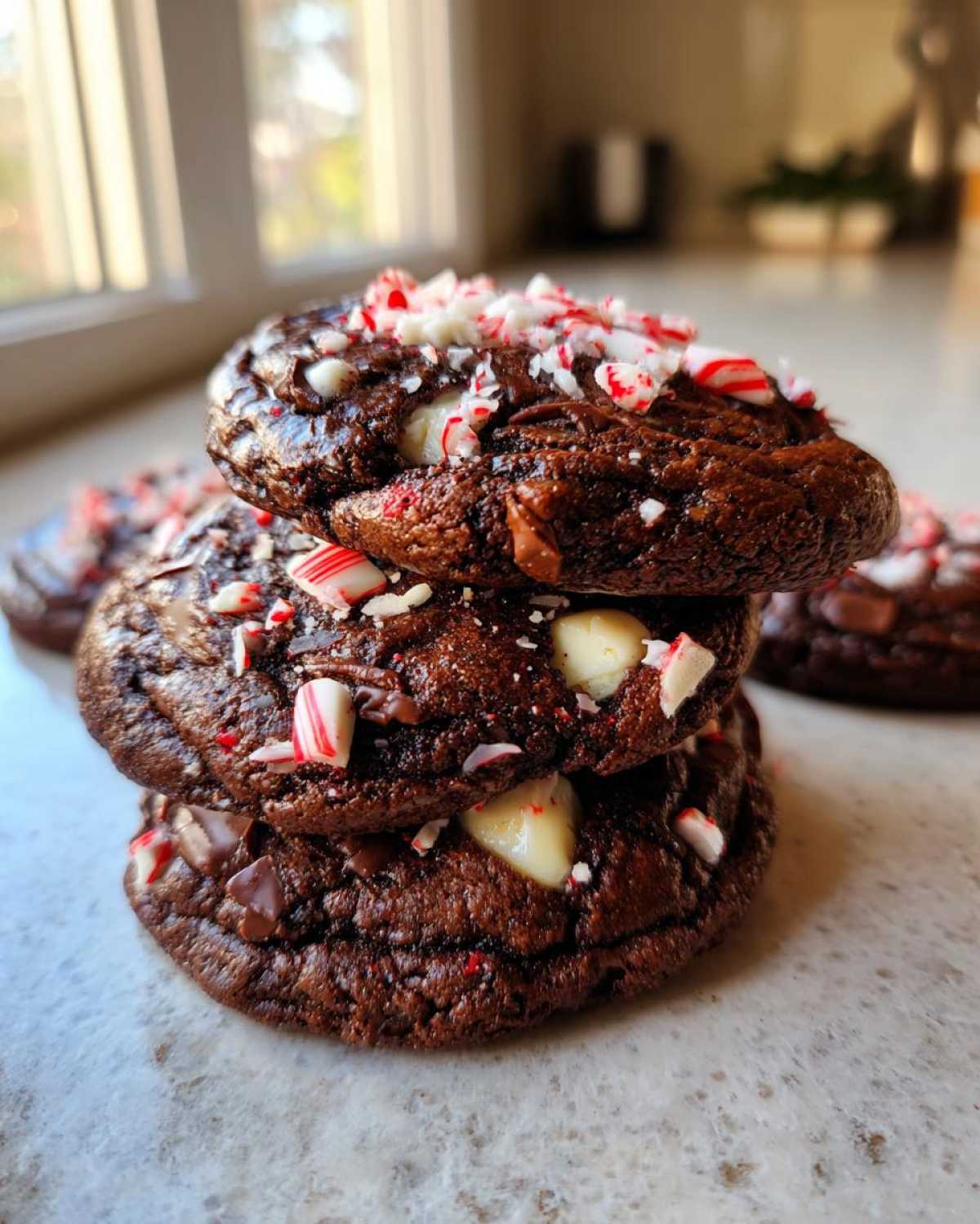 A stack of three fudgy chocolate peppermint cookies topped with crushed candy canes and white chocolate chips.
