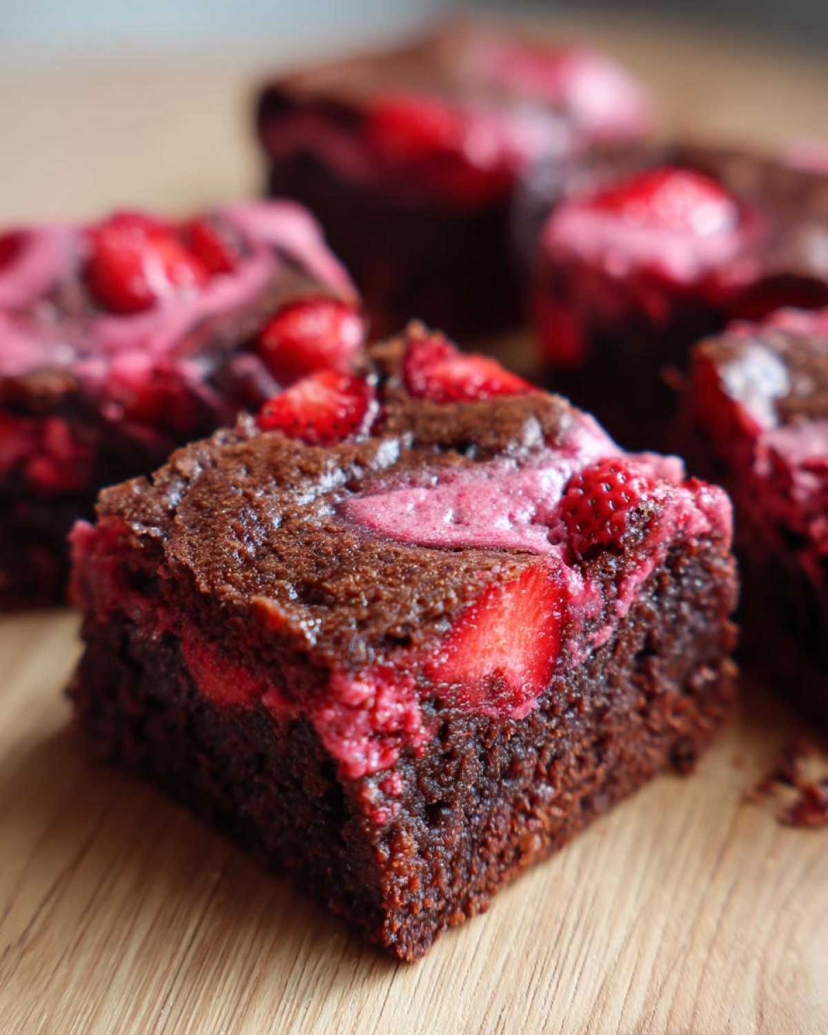 A close-up, square cut of a fudgy strawberry brownie topped with baked strawberry pieces.
