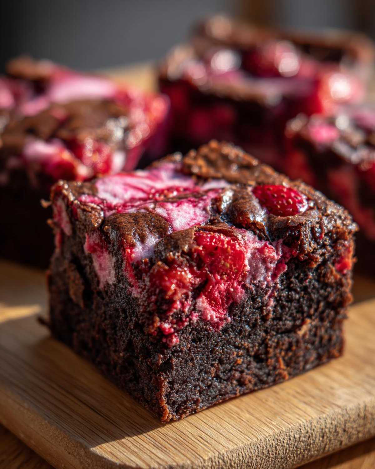 A close-up shot of a rich, dark chocolate strawberry brownie with visible swirls of pink filling on a wooden cutting board.