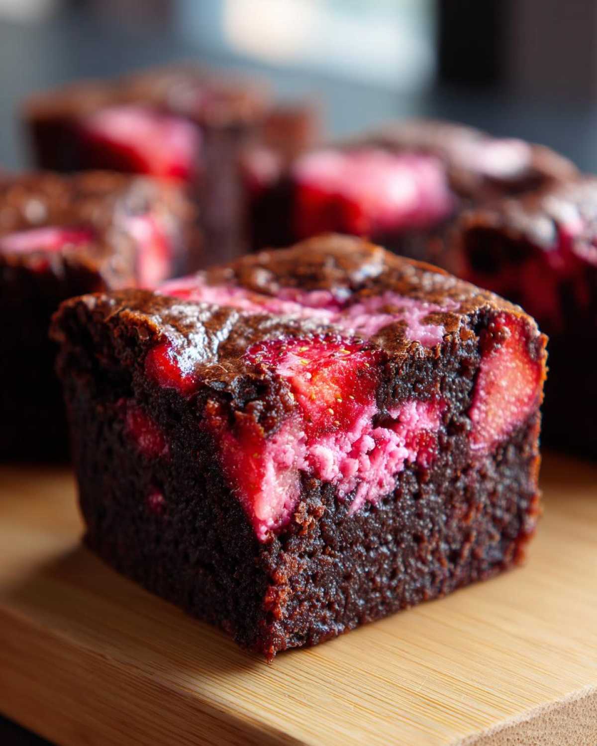 A close-up, rich, fudgy square of strawberry brownies featuring visible chunks of bright red strawberry baked into the dark chocolate batter.