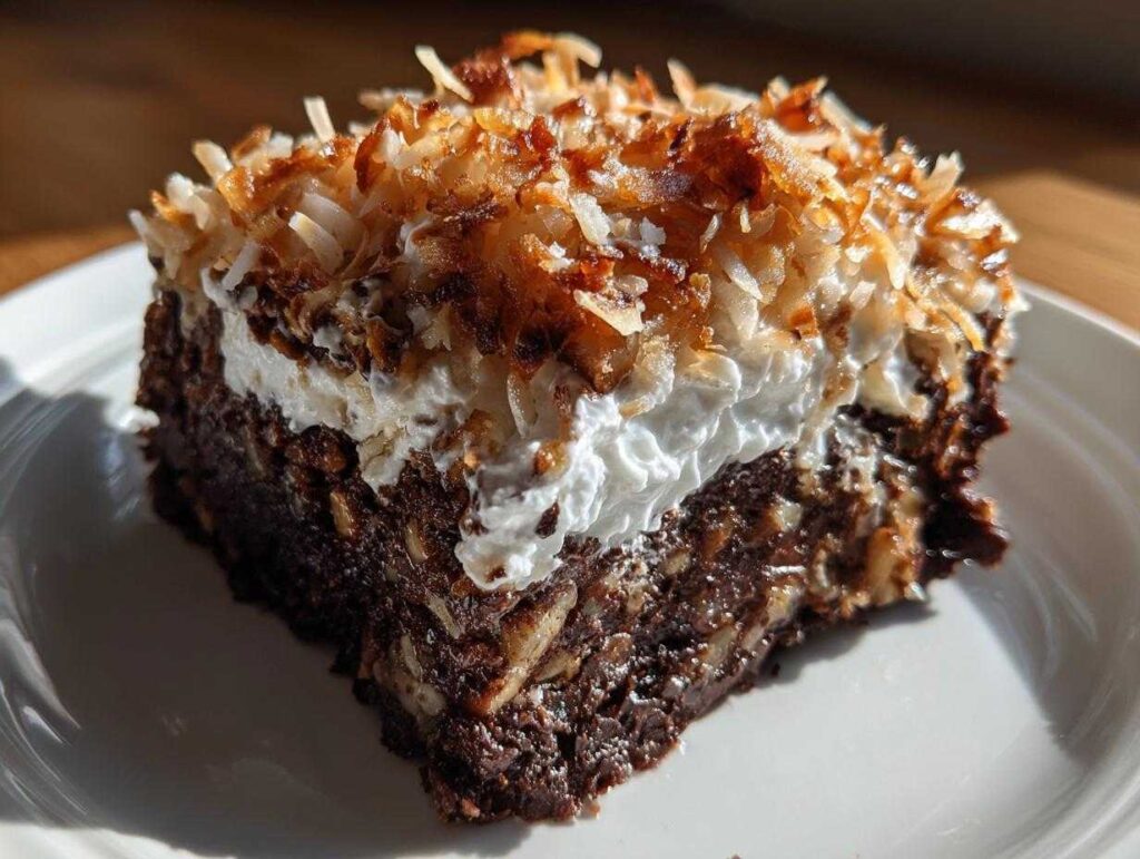 A moist slice of German Chocolate Poke Cake topped with whipped cream and toasted coconut flakes.