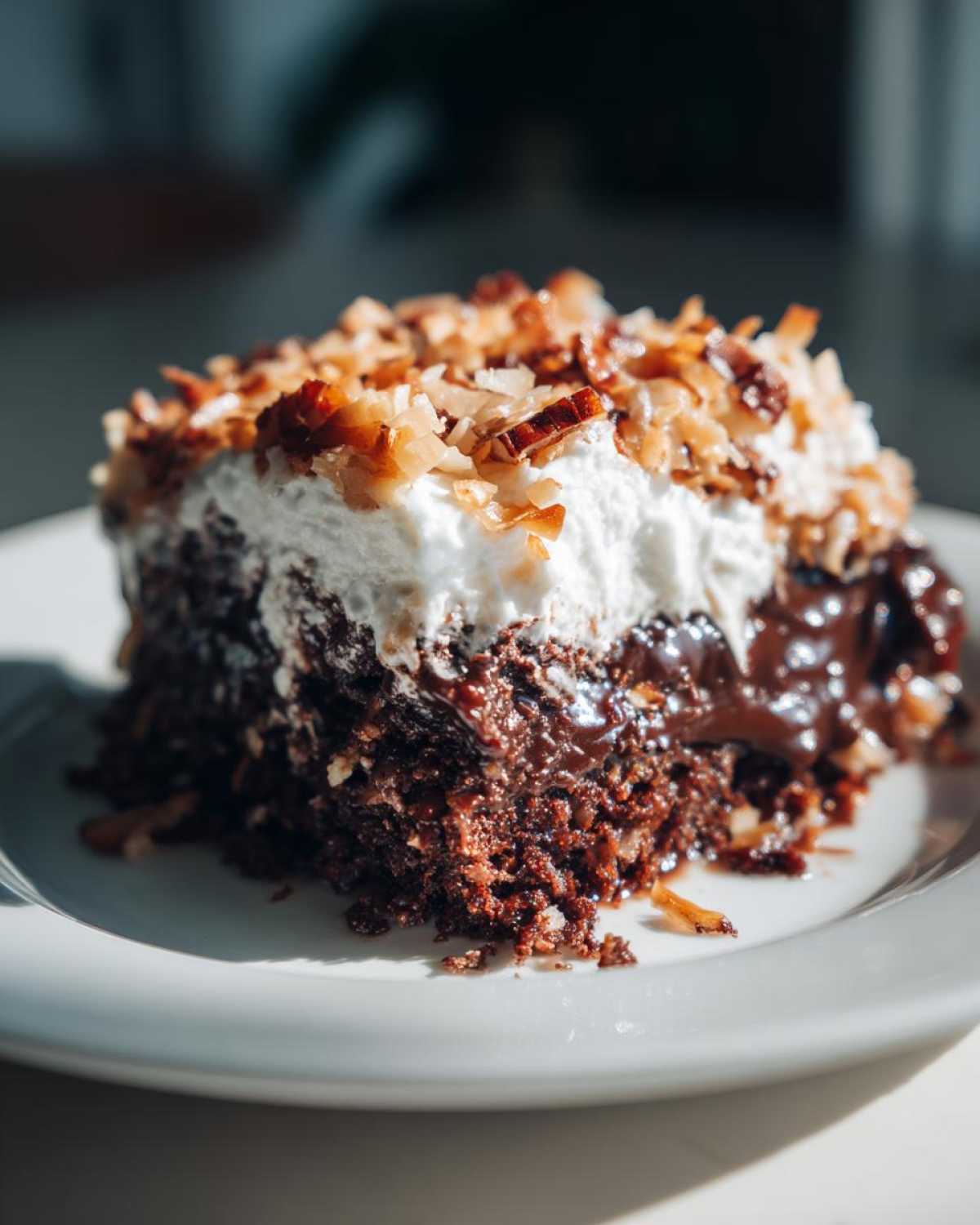 Close-up of a moist slice of German chocolate poke cake soaked in chocolate, topped with whipped cream and toasted coconut.