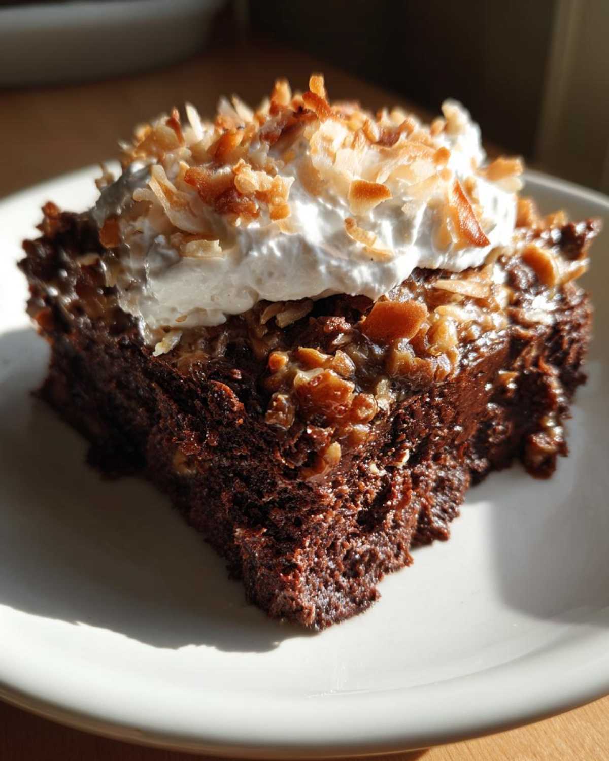 A rich slice of German chocolate poke cake topped with whipped cream and toasted coconut.