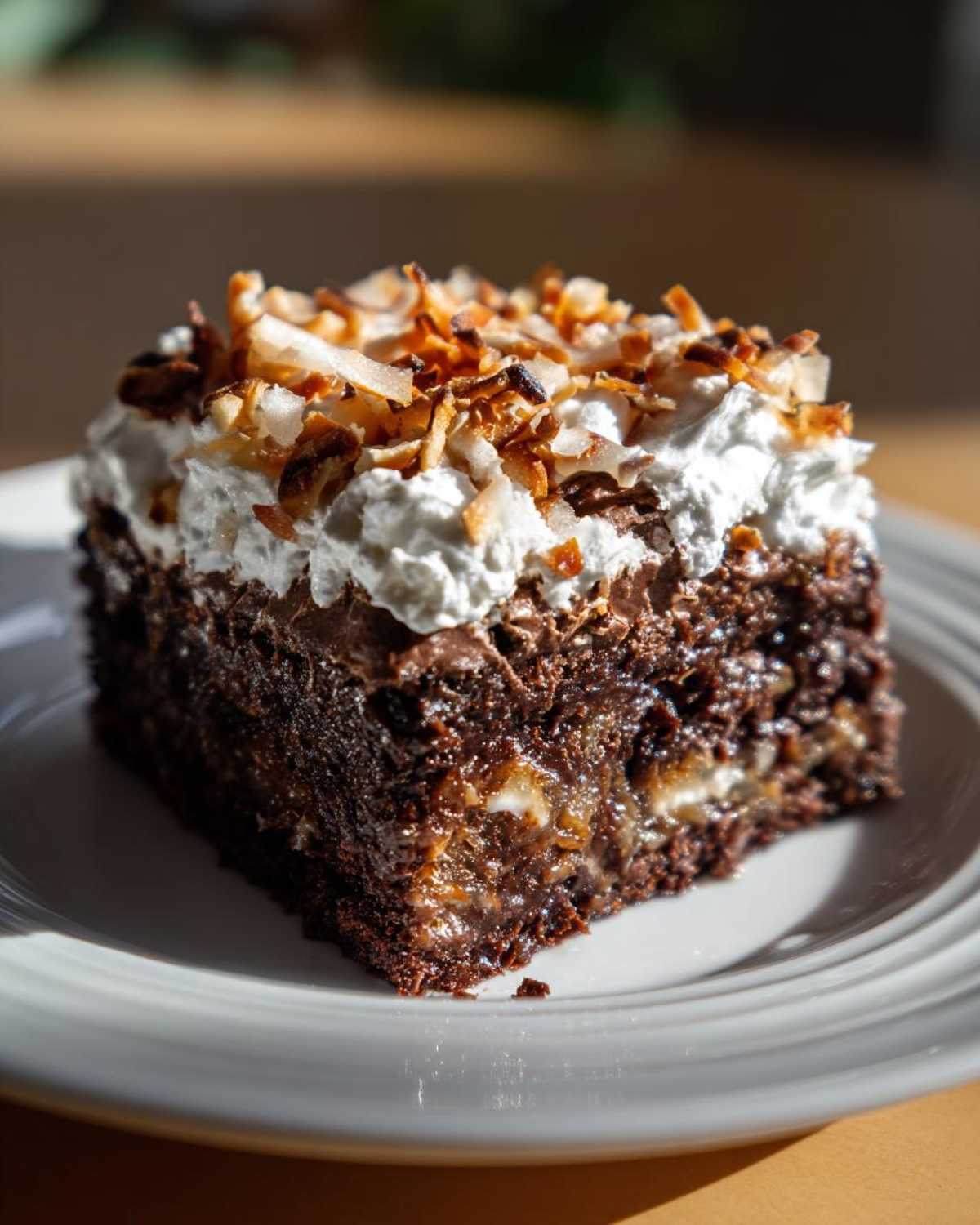 A moist slice of german chocolate poke cake topped with whipped cream and toasted coconut flakes.