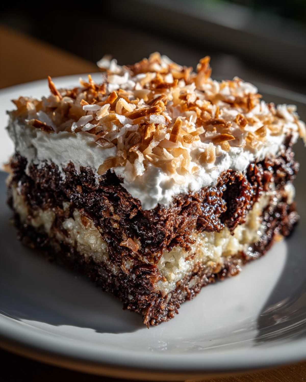 Close-up of a moist slice of german chocolate poke cake topped with whipped cream and toasted coconut flakes.