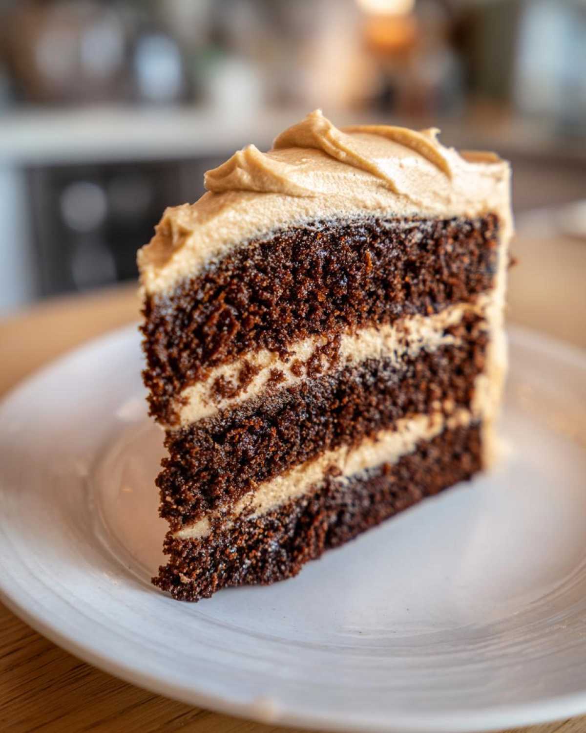 Close-up of a rich, dark slice of gingerbread latte cake with three layers and light brown coffee frosting.