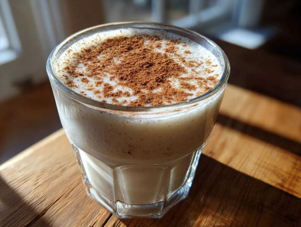 A glass of creamy, white coquito recipe topped generously with sprinkled cinnamon powder, sitting on a wooden surface.