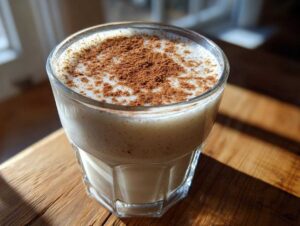 A glass of creamy, white coquito recipe topped generously with sprinkled cinnamon powder, sitting on a wooden surface.