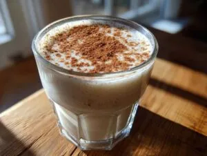 A glass of creamy, white coquito recipe topped generously with sprinkled cinnamon powder, sitting on a wooden surface.