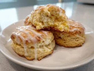 Close-up of three fluffy, golden scones drizzled with white icing, featuring a visible crumb structure.