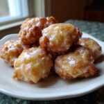 A stack of golden brown, freshly fried apple fritter bites drizzled generously with white glaze.